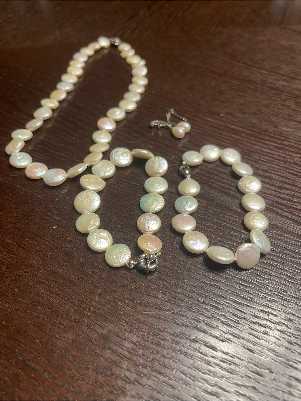 Freshwater Coin Pearl Necklace, Bracelet & Earring Set - Cream Pearl Jewelry